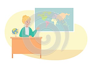 Woman teaching geography lesson in class. Teacher in education vector illustration. Young woman sitting at desk