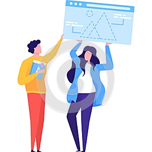 Woman teaching man webdesign vector flat icon