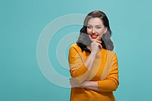 Woman on teal background