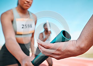 Woman, team and hands with baton in relay, running marathon or sports fitness on stadium track. Closeup of people