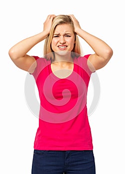 Woman Tearing Out Hair Against White Background