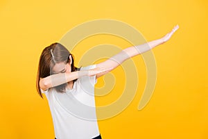 Woman teen smile standing wear t-shirt move showing DAB dance against gesture