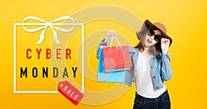 Woman teen smiling standing with sunglasses excited holding shopping bags multi color