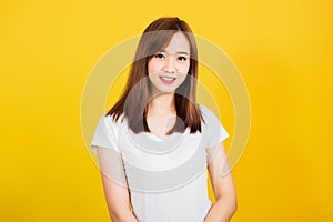 Woman teen standing wear t-shirt smile white teeth