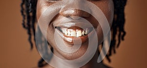 Woman, teeth closeup or smile for dental care, oral hygiene or healthy wellness on brown background. Mouth, lips or face