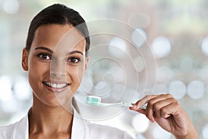 Woman, teeth and smile with toothbrush, self care and portrait for health in bathroom. Person, cleaning and healthcare