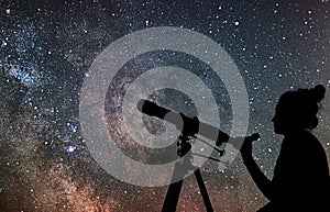 Woman with telescope watching the stars. Stargazing woman and ni