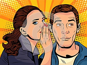 Woman telling secret to man. Vector illustration in retro comic style.