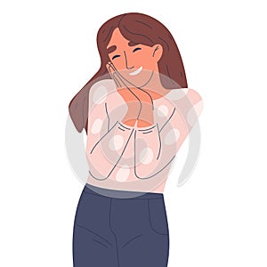 Woman with tender emotion. Cute girl showing tenderness emotions, smiling female character positive body language flat vector