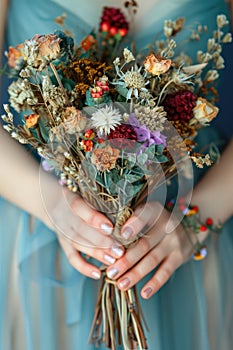 A woman tender grasp on a bouquet of dried flowers