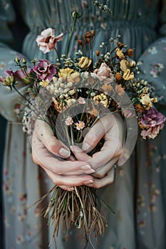 A woman tender grasp on a bouquet of dried flowers