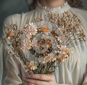 A woman tender grasp on a bouquet of dried flowers