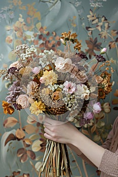 A woman tender grasp on a bouquet of dried flowers