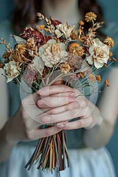 A woman tender grasp on a bouquet of dried flowers