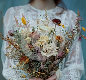 A woman tender grasp on a bouquet of dried flowers