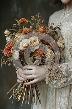 A woman tender grasp on a bouquet of dried flowers