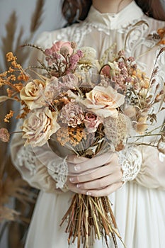 A woman tender grasp on a bouquet of dried flowers