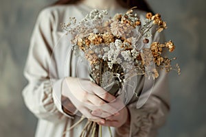 A woman tender grasp on a bouquet of dried flowers photo