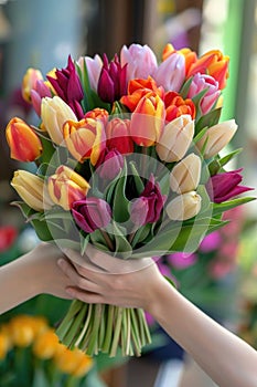 A woman tender grasp cradles a vivid array of tulips