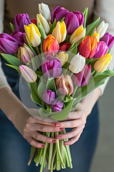 A woman tender grasp cradles a vivid array of tulips