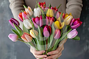 A woman tender grasp cradles a vivid array of tulips