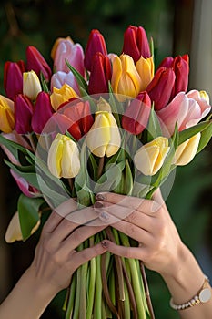 A woman tender grasp cradles a vivid array of tulips