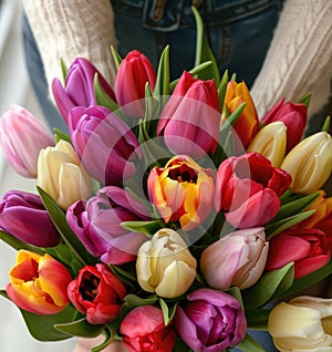 A woman tender grasp cradles a vivid array of tulips