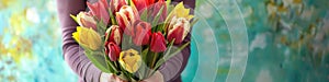 A woman tender grasp cradles a vivid array of tulips photo