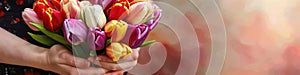 A woman tender grasp cradles a vivid array of tulips photo