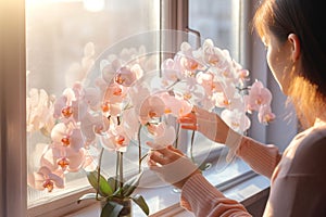 Woman tends to a blooming Phalaenopsis orchid