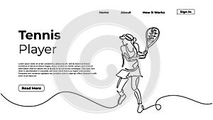 Woman tennis player, continuous one line drawing, sketch art linear hand drawn, landing page sport concept, for web and graphic