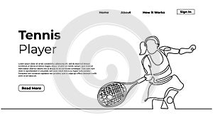 Woman tennis player, continuous one line drawing, sketch art linear hand drawn, landing page sport concept, for web and graphic