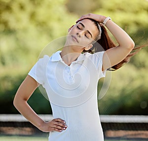 Woman, tennis and stretching neck, exercise and training on court for warm up exercise, workout and health outdoor