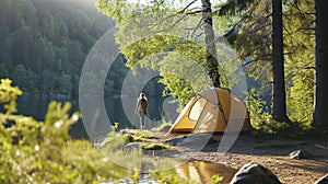 Woman and tent inside forest by lake. Local travel on nature, trekking. AI Generative