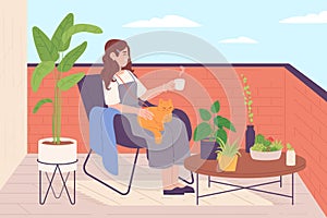 Woman on terrace. Alone girl relax on home terrace or balcone with house garden plant and cat, hygge rest at hotel photo