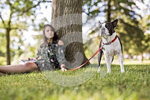 Woman with terrier dog outside at the park