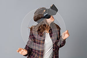 Woman testing virtual reality helmet