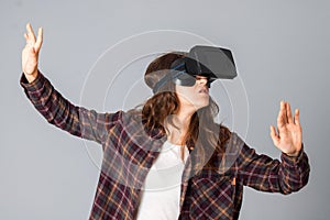 Woman testing a virtual reality helmet