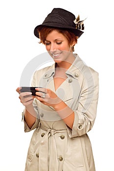Woman Texting on Smart Phone on White