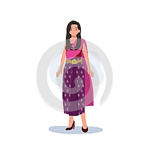 Woman in Thai traditional clothes. Traditional southeast asian costume, Thailand. Flat vector illustration