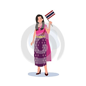 a woman in Thai traditional costume is holding the small Flag of Thailand in her hand. Full length Flat vector illustration