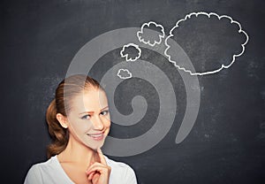 Woman think at blank blackboard photo