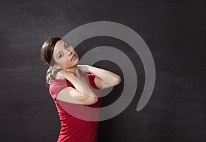 Woman thinking blackboard