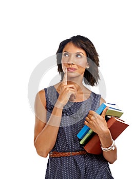 Woman is thinking with books, teacher and education with teaching and learning against white background. Academy, school