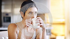 Woman, thinking with coffee and home to relax, ideas or future with mindfulness on morning routine. Inspiration, insight