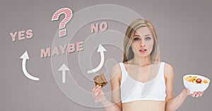 Woman thinking deciding healthy or unhealthy food choice and Yes No Maybe text with arrows graphic o