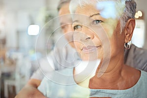 Woman thinking in home, senior couple reflection in window and man support wife grief in Brazil retirement care. Husband