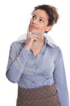 Woman thinking looking up isolated on white background