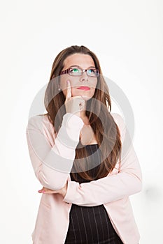 Woman thinking pondering making decisions photo