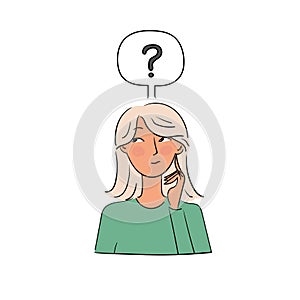 Woman thinking.Problem solving concept.Bubble with a question mark.Stock vector illustration.